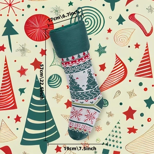 Detail view of large green knitted Christmas stocking with size dimensions 57cm height