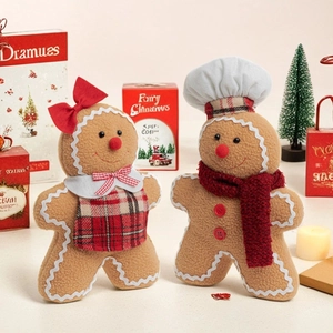 Detailed view of gingerbread plush set with festive decorations and a cozy background