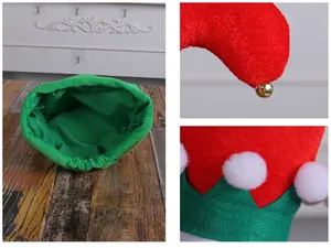 Detail of green and red felt elf hat with golden jingle bells and white pom poms