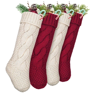 Set of 4 cable knit Christmas stockings in burgundy and cream for holiday decoration