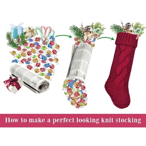 Three-step guide showing how to shape and fill a red cable knit Christmas stocking