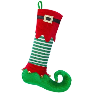 Calza da elfo di Natale a righe rosse e verdi con campanelli dorati su sfondo bianco