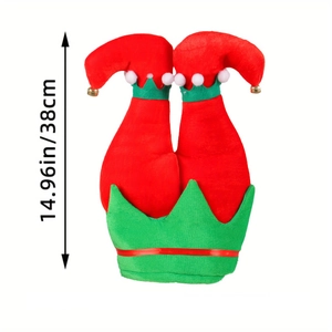 Detail view of 15 inch red elf legs with bells and green base for Christmas decor
