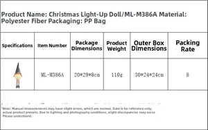 Spécifications de la poupée de Noël lumineuse en polyester avec dimensions détaillées