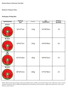 Size chart for red polyester Christmas tree skirt with pixie legs available in 4 sizes