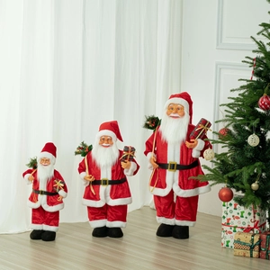 Three-piece Santa Claus decorative set in various sizes with classic red suits and gifts