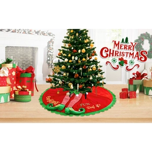 Red Christmas tree skirt with festive 3D elf legs and gold embroidery ornaments