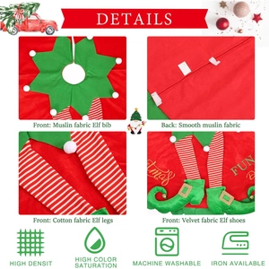 Detail of red and green Christmas tree skirt fabrics featuring muslin and velvet elf legs