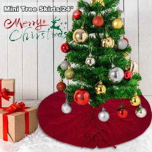 Detail of 24-inch burgundy cable knit Christmas tree skirt with decorative bow ties
