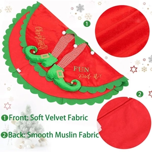 Detail of red velvet and smooth muslin fabric texture on a Christmas tree skirt