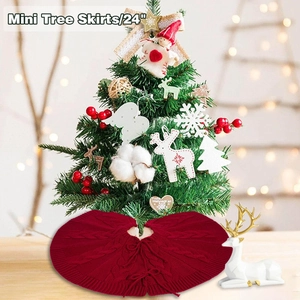 Detailed knit texture of 24-inch deep red mini Christmas tree skirt with bow ties