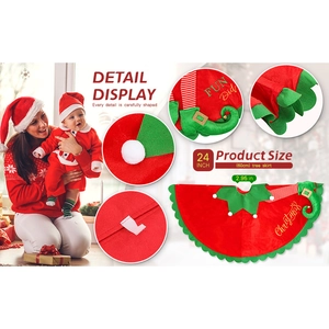 Red and green 24 inch Christmas tree skirt with pixie legs and festive gold embroidery