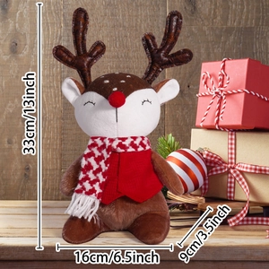 33cm Weihnachts-Rentier Kuscheltier mit rotem Schal auf vintage Holzhintergrund