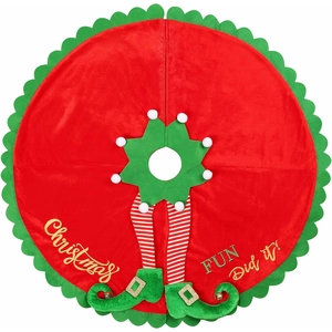 Red Christmas tree skirt with elf legs and Merry Christmas embroidery on velvet