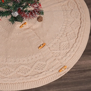 Cable Knit Christmas Tree Skirt Acrylic Beige Round Tree Base Cover With Wood Buttons For Holiday Home Party Decor