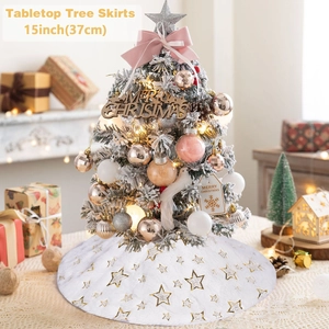 White faux fur Christmas tree skirt with gold stars, 15 inch desktop holiday decor