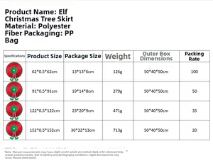 Detailed size chart for red elf Christmas tree skirt with polyester fiber specifications