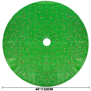 Detailed view of a 48 inch green Christmas tree skirt with red and white swirl patterns