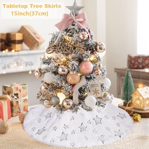Close-up of 15 inch white faux fur mini tree skirt with silver glitter stars