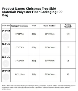 Tableau des tailles détaillé pour jupes de sapin de Noël blanches en polyester