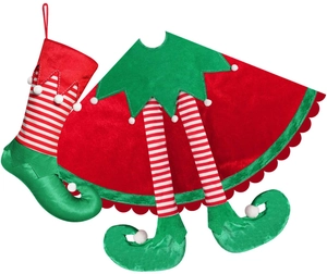 Detail of red velvet Christmas tree skirt and stocking with striped elf legs and pom-poms