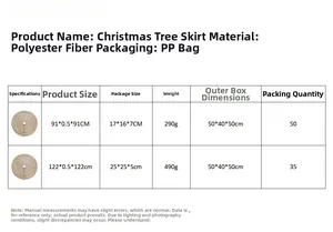 Size chart for knitted Christmas tree skirt showing dimensions in 91cm and 122cm sizes