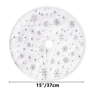 Macro detail of 15-inch white faux fur Christmas tree skirt with silver glitter snowflakes