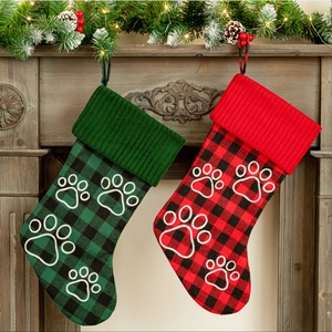 Calza di Natale Buffalo Plaid Con Design a Impronta di Zampa di Cane in Poliestere per Decorazione di Natale