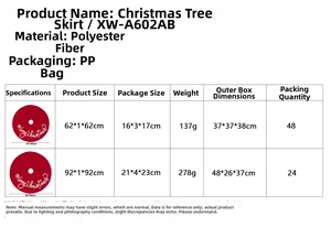 Detaillierte Größentabelle für roten Weihnachtsbaumrock aus Polyester mit Aufschrift