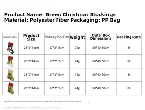 Detailed size chart for Christmas stockings showing product dimensions and material specs