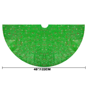 Classic 48-inch green Christmas tree skirt with festive red and silver swirl patterns