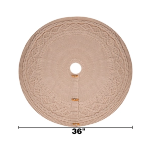 Close-up of 36 inch beige cable knit Christmas tree skirt with wooden toggle buttons