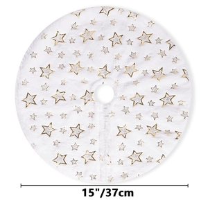 Detailed view of 15 inch white plush Christmas tree skirt with gold glitter stars