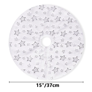 Macro detail of 15 inch white faux fur Christmas tree skirt with silver foil star patterns