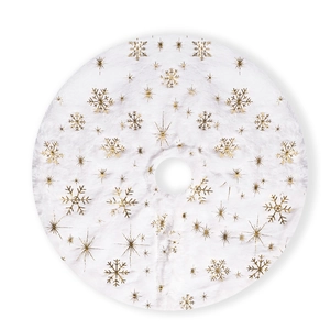 White plush Christmas tree skirt featuring elegant gold snowflake and star patterns