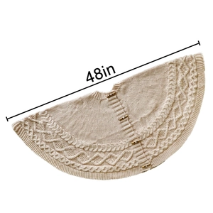 Detailed knit pattern of a 48-inch beige Christmas tree skirt with wooden buttons