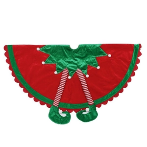 Classic red and green elf legs Christmas tree skirt with festive striped stockings