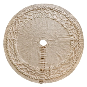 Cream white knitted Christmas tree skirt with cable knit patterns and wooden buttons