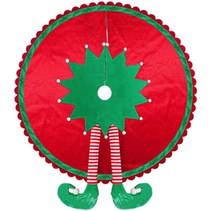 Red Christmas tree skirt featuring festive elf legs and white scalloped edges