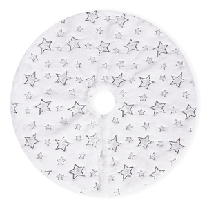 Plush white Christmas tree skirt with silver sequin star patterns on white background