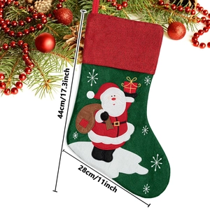 Detail view of 44cm Santa Christmas stocking with dimensions and snowflake embroidery