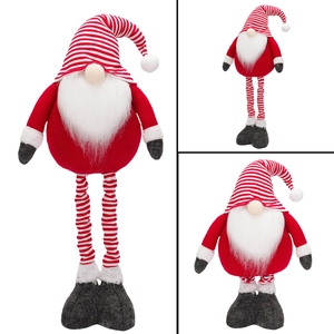 Detail of Nordic Christmas gnome plush with adjustable telescopic legs and red striped hat