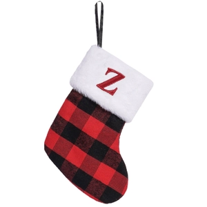 Classic red black buffalo plaid Christmas stocking with white faux fur and letter Z embroidery