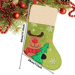 Christmas stocking detail showing reindeer embroidery and holiday tree with size dimensions