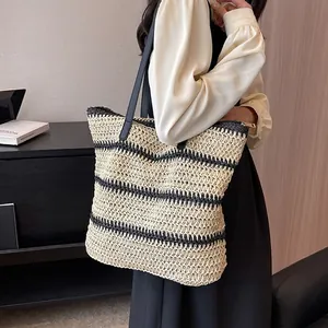 Women Striped Straw Woven Tote Bag Large Capacity Summer Beach Vacation Shoulder Bag Zipper Synthetic Leather Straps Casual