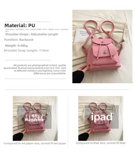 Pink PU leather backpack size comparison with tablet and A4 magazine and bag dimensions