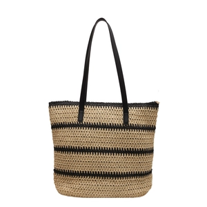 Summer woven straw tote bag with black and beige stripes and long shoulder straps