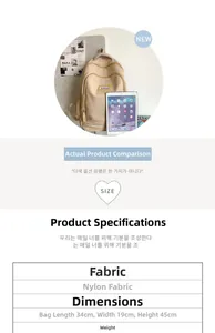 Detailed size specifications and material view for this 45cm khaki nylon backpack