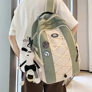 Sac à Dos en Nylon Grande Capacité Femmes Collège École Cordon Croisé Mode Bloc de Couleur Sac de Voyage