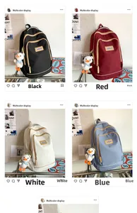 Collage of casual backpacks in four colors with cute duck plush pendants and brand logos